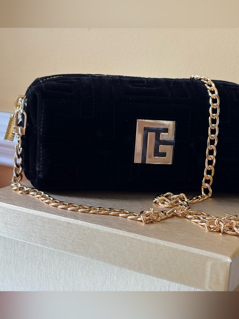 Women's Balmain Black Velvet Gold Logo Cosmetic Bag NWOT